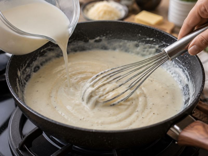 making creamy white sauce for pasta
