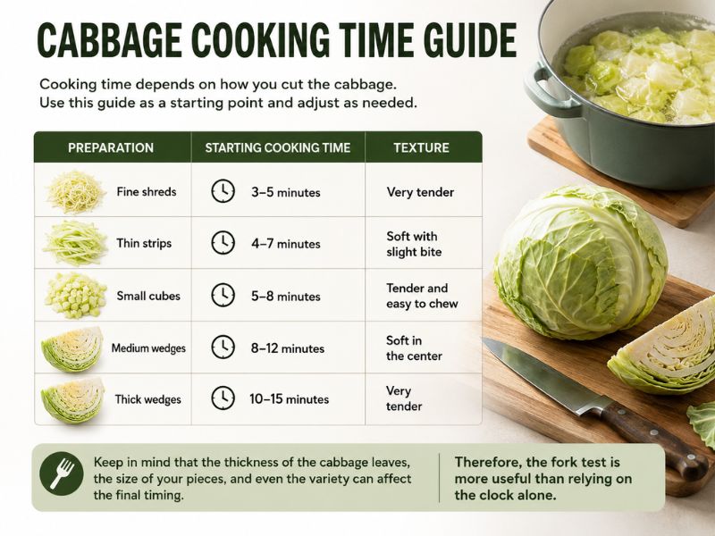 Cabbage cooking time guide showing cooking times for shredded, sliced, cubed, and wedged cabbage, with a pot of boiled cabbage and fresh cabbage wedges.