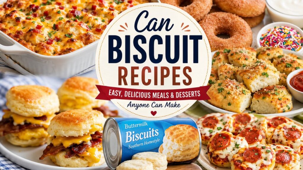 Can biscuit recipes with cheesy casserole, garlic pull-apart bread, breakfast biscuits, pizza bites, and sweet biscuit donuts