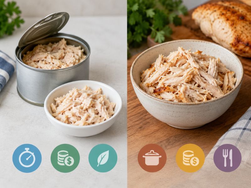 Split comparison of canned chicken and fresh shredded chicken, showing canned chicken on the left and freshly shredded chicken in a bowl on the right.