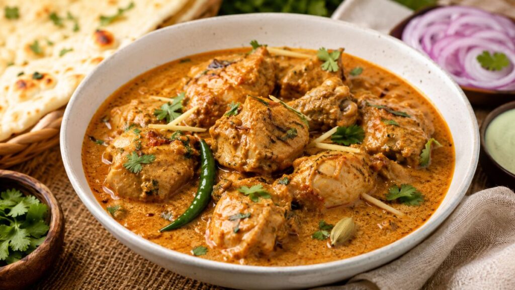 Chicken korma recipe served in a bowl with creamy curry, fresh cilantro, green chili, and naan