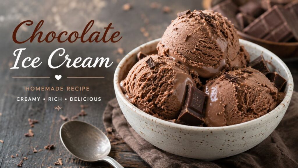 Chocolate ice cream recipe with creamy homemade chocolate ice cream scoops and chocolate pieces