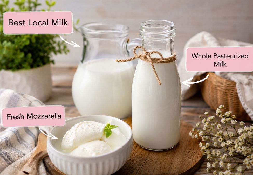 Whole pasteurized milk, fresh local milk, and fresh mozzarella labeled for choosing the best milk to make homemade fresh mozzarella recipe.