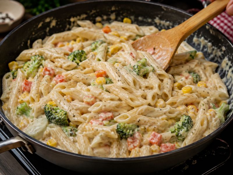 mixing pasta with creamy white sauce and vegetables