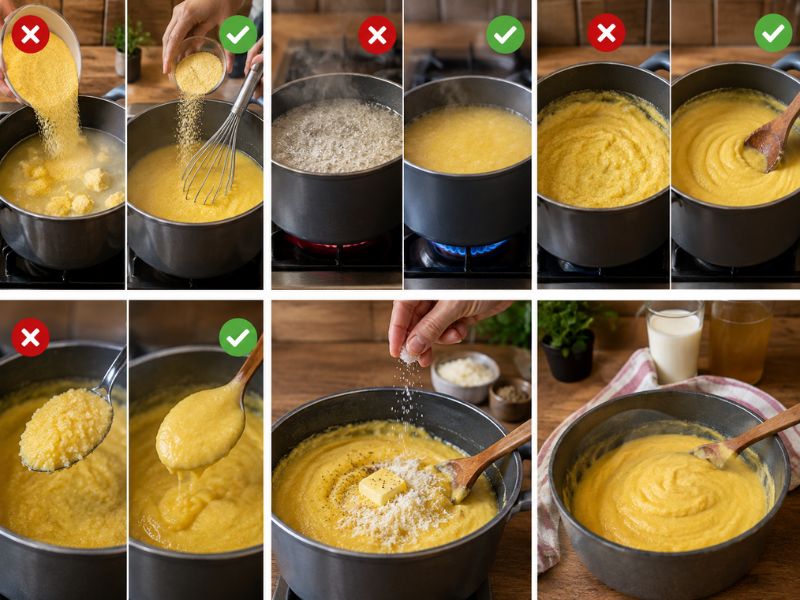 Creamy polenta being prepared in a saucepan, showing gradual whisking, gentle cooking, stirring, seasoning with butter and Parmesan, and a smooth finished texture.