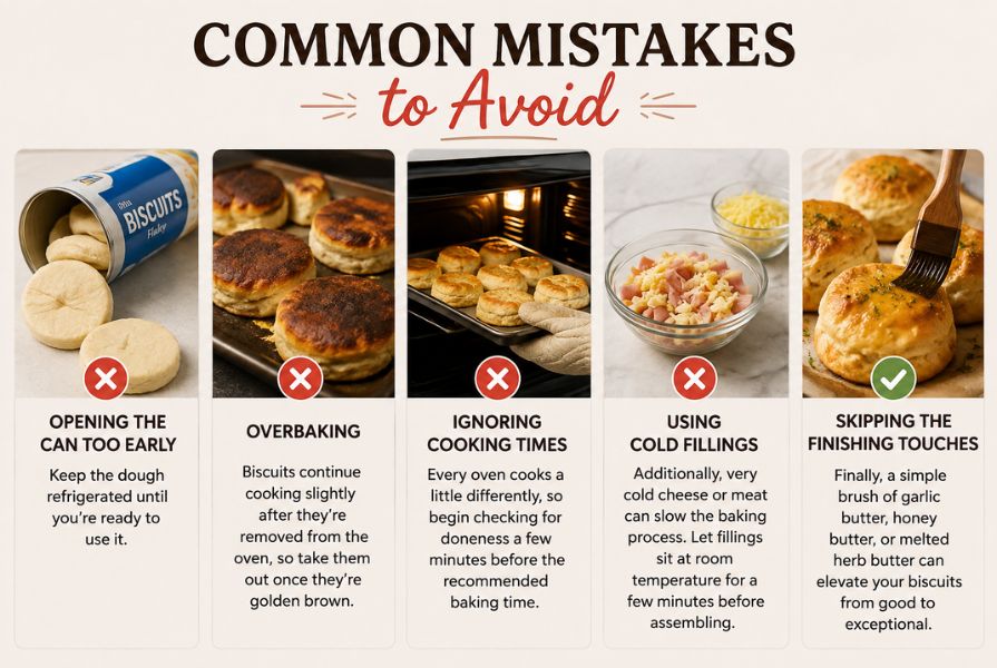 Common mistakes to avoid when making can biscuit recipes, from overbaking and cold fillings to proper baking time and butter finishing.