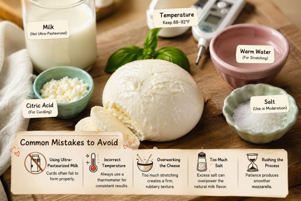 Common mistakes to avoid when making fresh mozzarella recipe with labeled ingredients including milk, citric acid, thermometer, warm water, salt, and fresh mozzarella cheese.