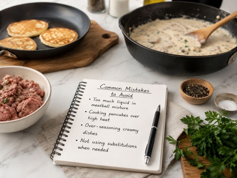 Common cooking mistakes to avoid when making meatballs, pancakes, and creamy dishes.