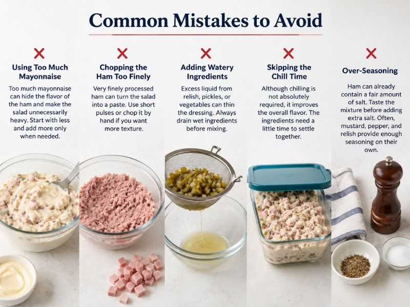  common mistakes infographic showing excessive mayonnaise, finely chopped ham, draining watery ingredients, chilling the salad, and avoiding over-seasoning.