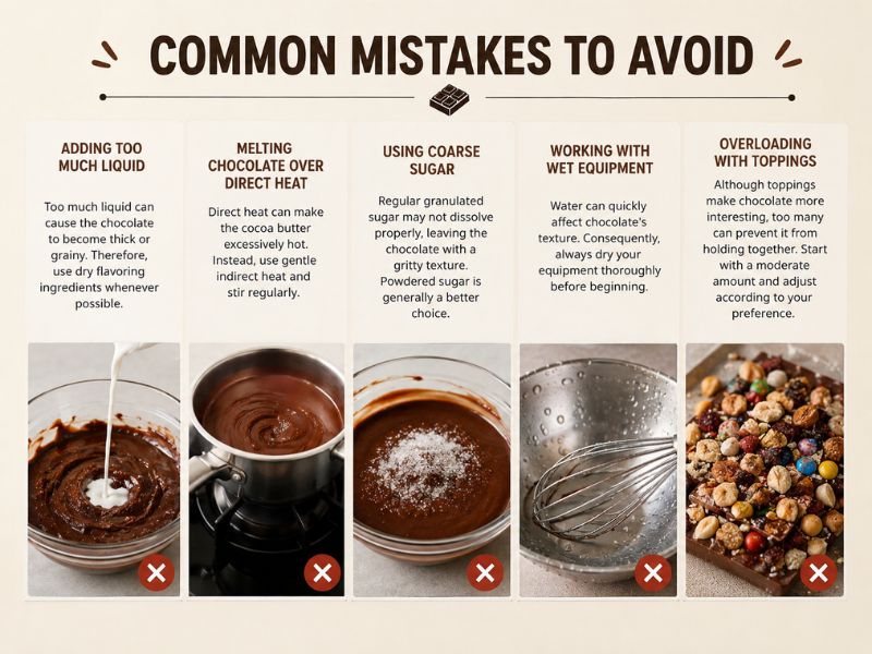 Infographic showing five common chocolate-making mistakes: adding too much liquid, melting chocolate over direct heat, using coarse sugar, working with wet equipment, and overloading chocolate with toppings.