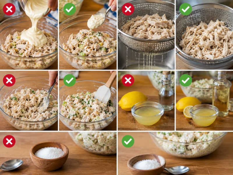 Canned chicken salad preparation showing common mistakes such as excess mayonnaise, undrained chicken, overmixing, skipping lemon juice or vinegar, and adding too much salt.