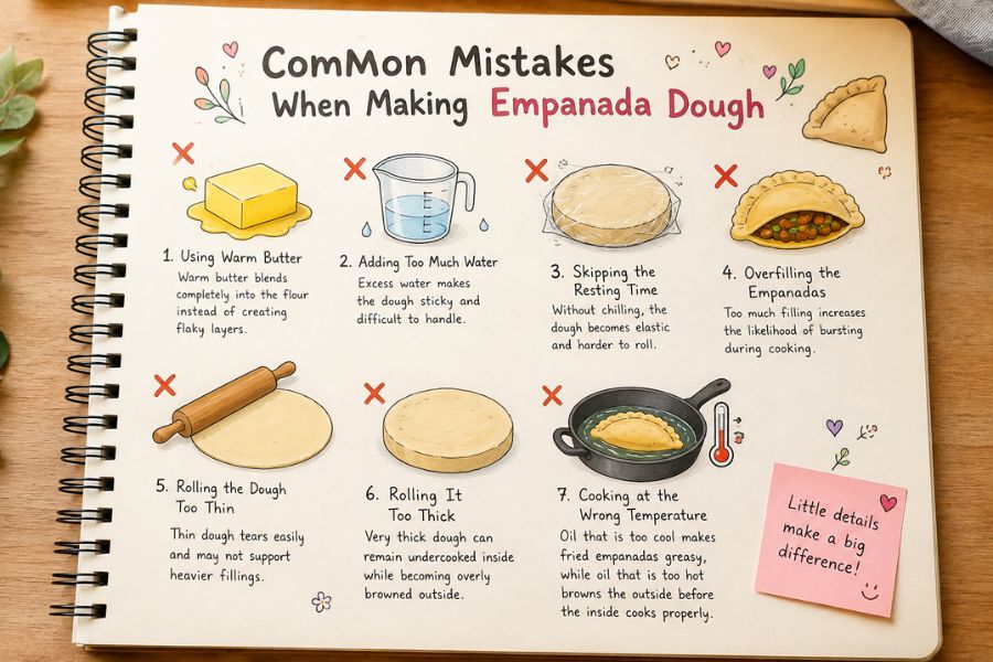 Common mistakes when making empanada dough recipe illustrated with butter, water, dough, rolling pin, and frying temperature tips to achieve flaky, perfectly cooked homemade empanadas.