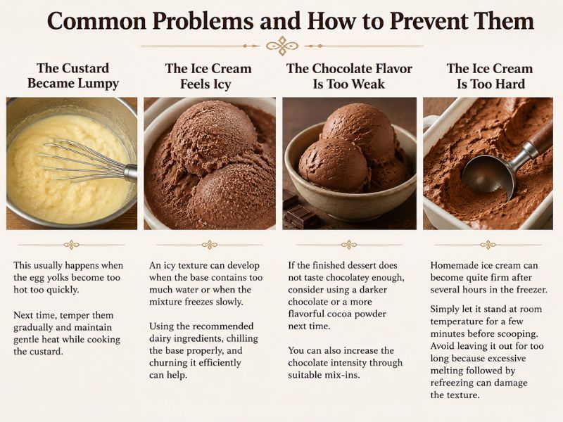 Common ice cream problems and prevention tips, including lumpy custard, icy texture, weak chocolate flavor, and overly hard homemade ice cream.