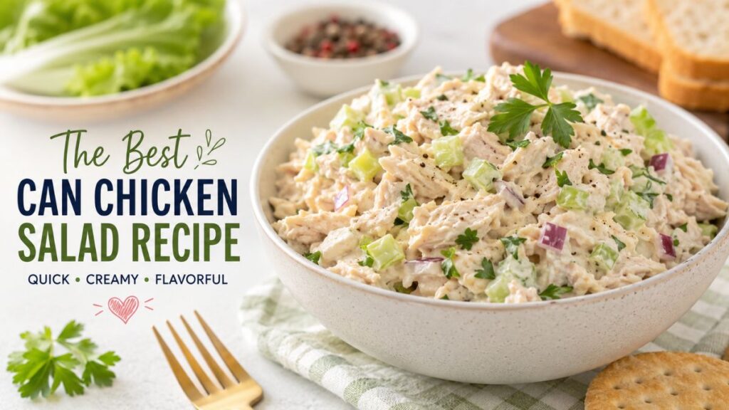 Can chicken salad recipe with creamy chicken, celery, red onion, and fresh parsley in a bowl