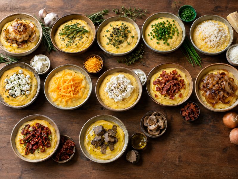 Creative polenta variations with roasted garlic, fresh herbs, cheeses, bacon, caramelized onions, sun-dried tomatoes, truffle, and sautéed mushrooms arranged on a rustic wooden table.