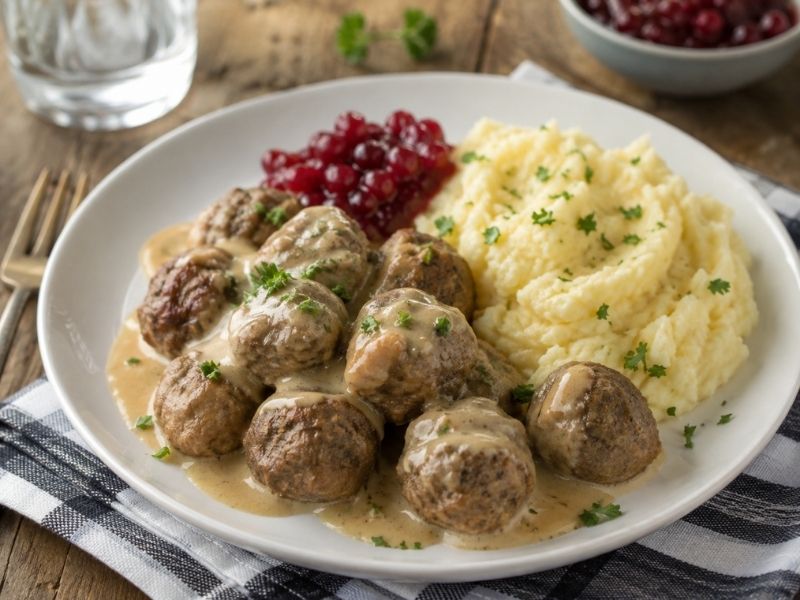 Swedish meatballs with creamy gravy, mashed potatoes, and lingonberry sauce.