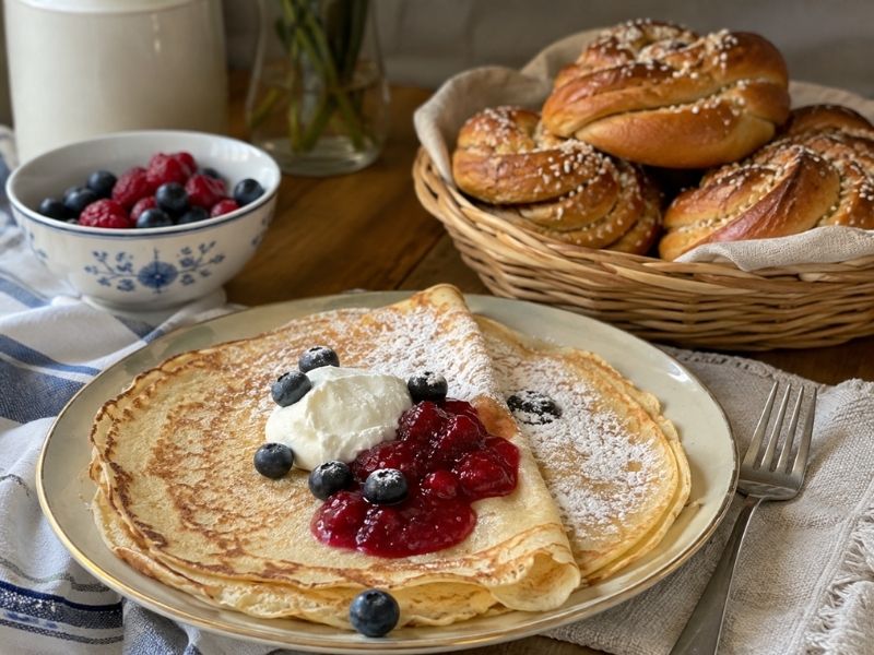 Swedish pancakes with berries and whipped cream served alongside homemade Swedish cinnamon buns for breakfast.