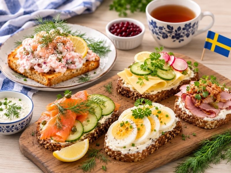 Swedish open-faced sandwiches with smoked salmon, eggs, cheese, cucumber, shrimp, and fresh dill on rustic rye bread.