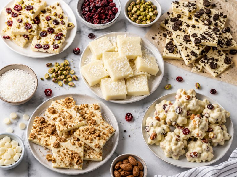 White chocolate bark, coconut squares, cookie pieces, cranberry-pistachio bark, and fruit-and-nut clusters arranged on plates with assorted toppings.