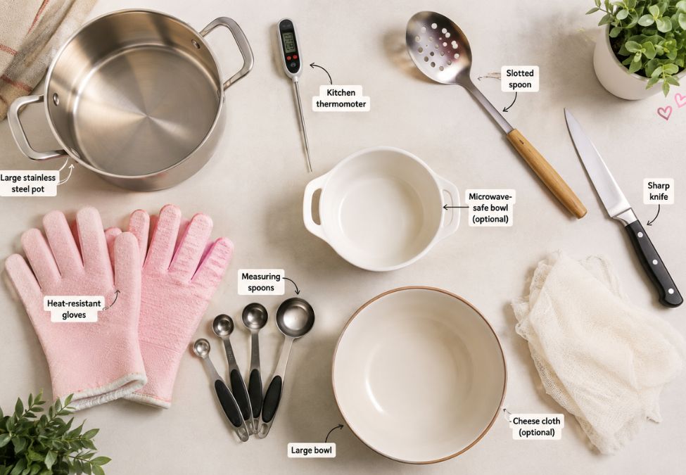 Equipment needed for homemade mozzarella recipe with labeled kitchen tools for easy cheese making.