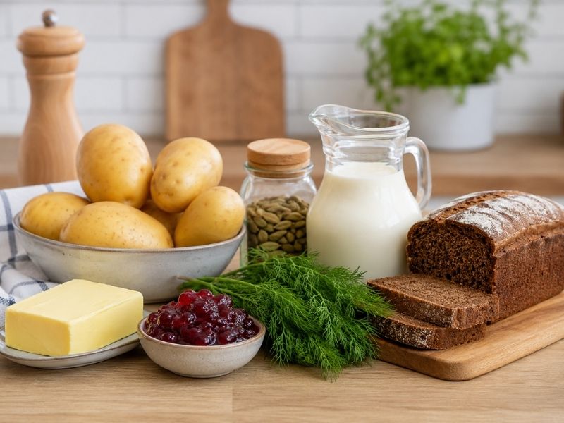 Swedish cooking ingredients including potatoes, dill, lingonberry jam, cardamom, cream, rye bread, and butter on a kitchen counter.