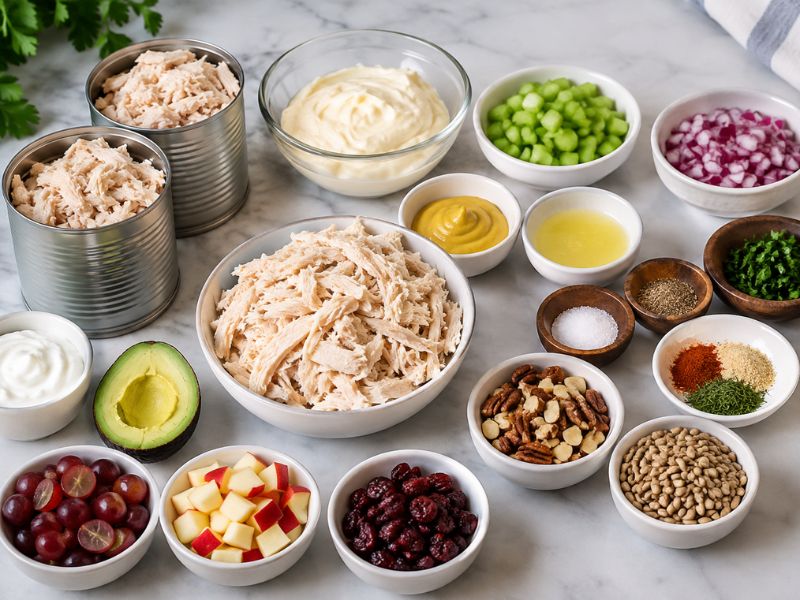 Canned chicken salad ingredients arranged on a marble surface, including shredded chicken, mayonnaise, celery, red onion, mustard, lemon, herbs, spices, nuts, fruits, and avocado.