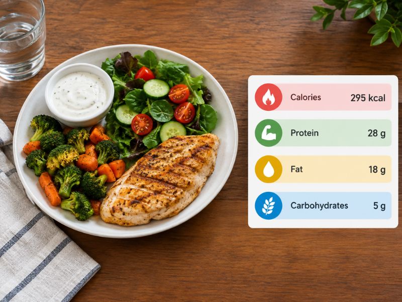 Grilled chicken with fresh salad and roasted vegetables, alongside a nutrition information card showing calories, protein, fat, and carbohydrates.