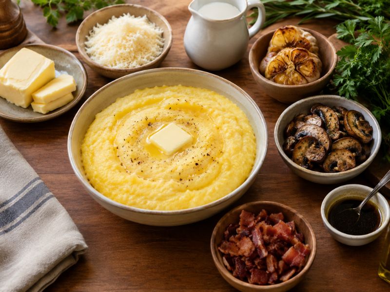 Creamy golden polenta served with butter, Parmesan cheese, roasted garlic, sautéed mushrooms, fresh herbs, crispy bacon, cream, and truffle oil on a wooden table.