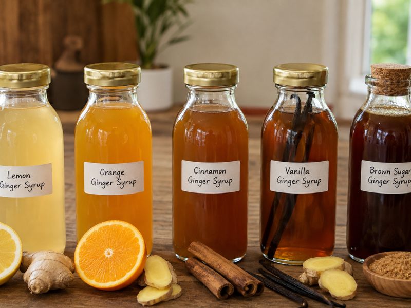 Five homemade syrup variations—lemon, orange, cinnamon, vanilla, and brown sugar—in glass bottles with fresh ginger, citrus, cinnamon sticks, vanilla beans, and brown sugar on a rustic kitchen table.