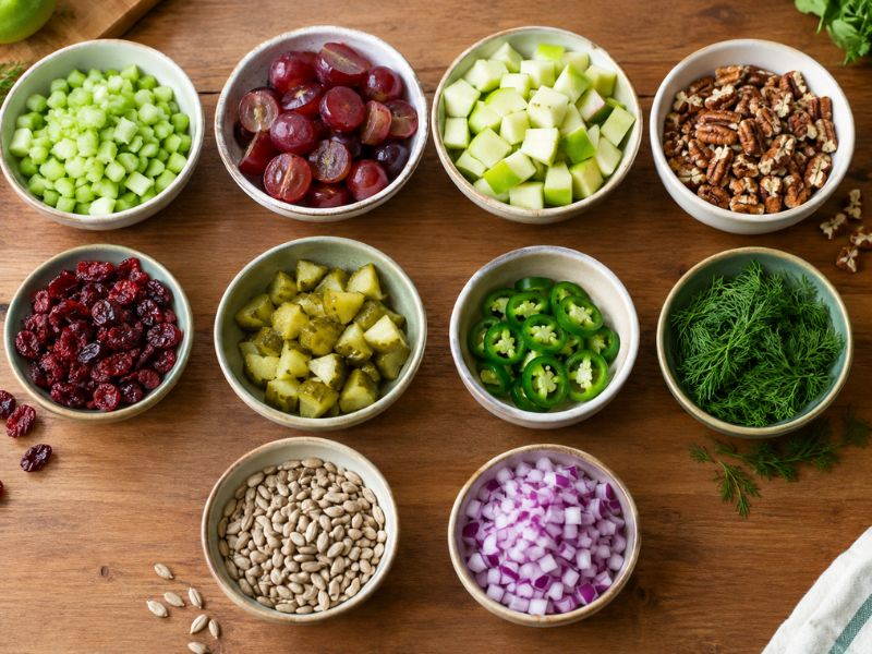 A variety of fresh fruits, vegetables, nuts, seeds, pickles, jalapeños, dried cranberries, and fresh dill arranged in bowls on a wooden table.