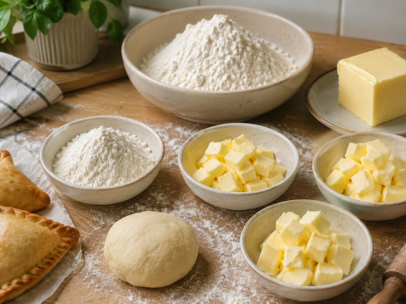 Flour, butter, and empanada dough ingredients arranged on a kitchen countertop.