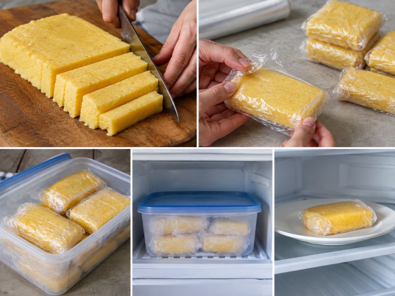 Sliced cooked polenta portions wrapped individually and stored in a freezer-safe container for later use.
