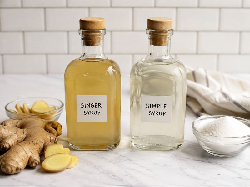 Two glass bottles of this syrup and simple syrup on a kitchen counter, with fresh ginger, sliced ginger, and sugar beside them.