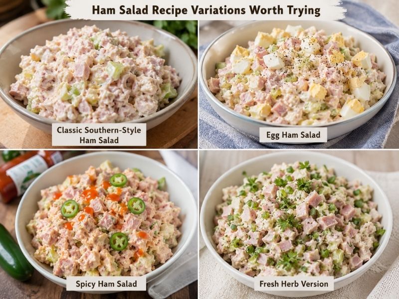 Four variations of creamy ham salad: classic Southern-style, egg, spicy jalapeño, and fresh herb versions.
