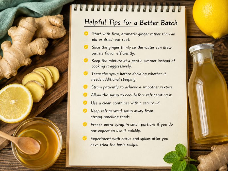 Fresh ginger, lemon, and ginger syrup arranged beside a handwritten list of helpful tips for making and storing homemade ginger syrup.