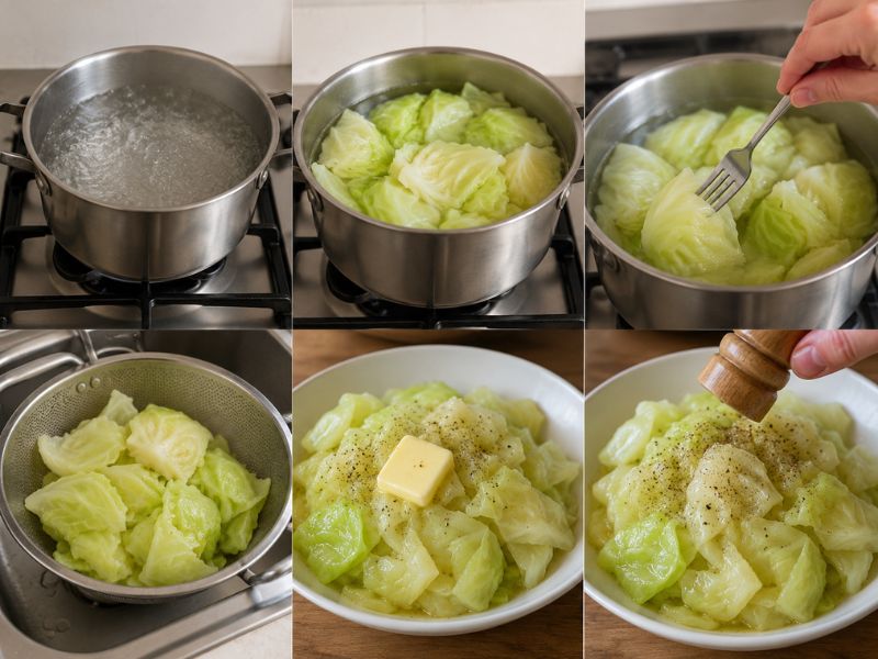 Boiled cabbage being prepared step by step, from boiling in a pot and testing tenderness to draining and serving with butter and black pepper.