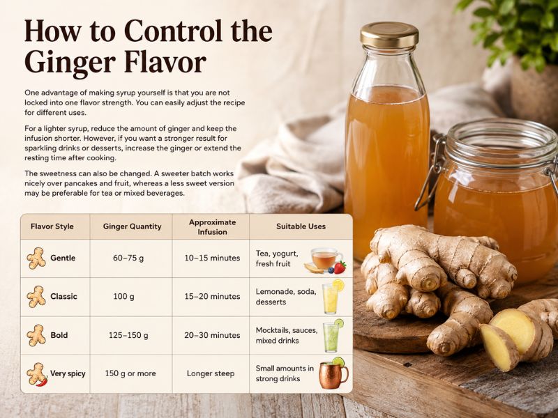 Infographic showing how to control ginger syrup flavor strength, with ginger quantities and infusion times for gentle, classic, bold, and very spicy syrups alongside bottles of ginger syrup and fresh ginger root.

