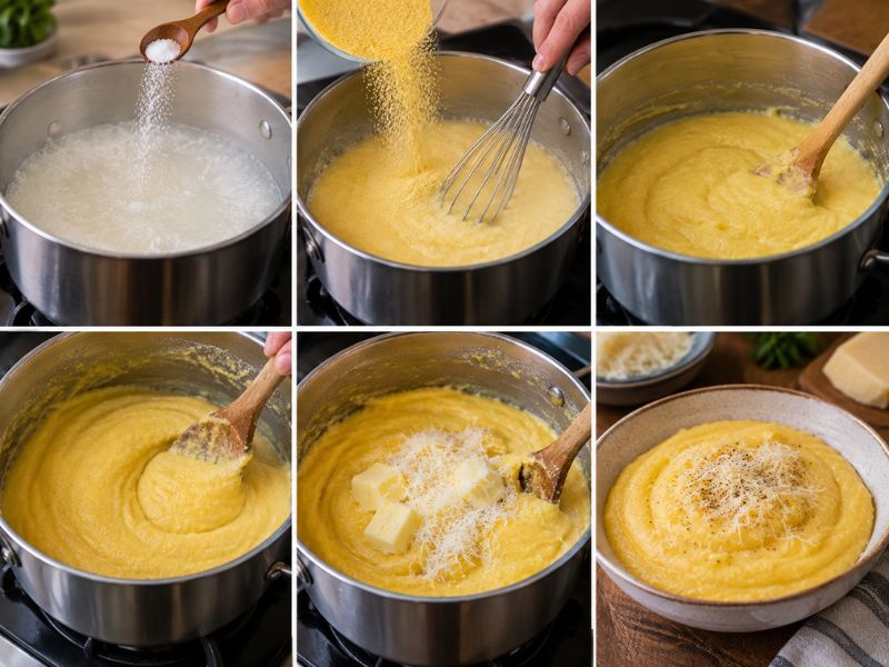 Step-by-step preparation of creamy polenta in a saucepan, from heating the liquid and whisking in cornmeal to slow cooking, stirring, adding butter and Parmesan, and serving the finished creamy polenta.