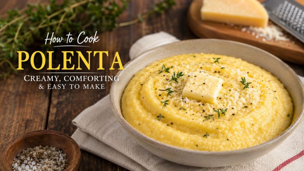 Creamy polenta topped with Parmesan cheese, butter, black pepper, and fresh thyme in a rustic bowl