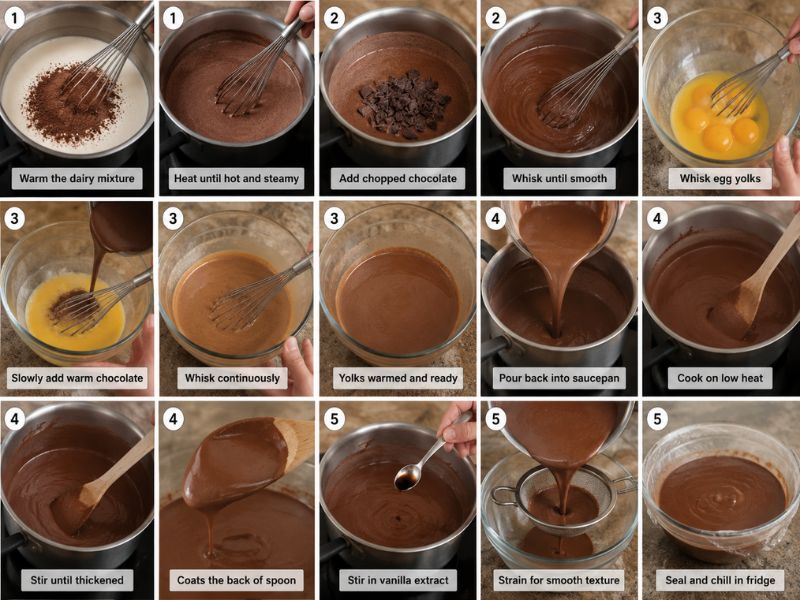 Chocolate ice cream recipe steps showing warm cocoa dairy, melted chocolate, whisked egg yolks, cooked chocolate custard, vanilla, straining, and chilling.