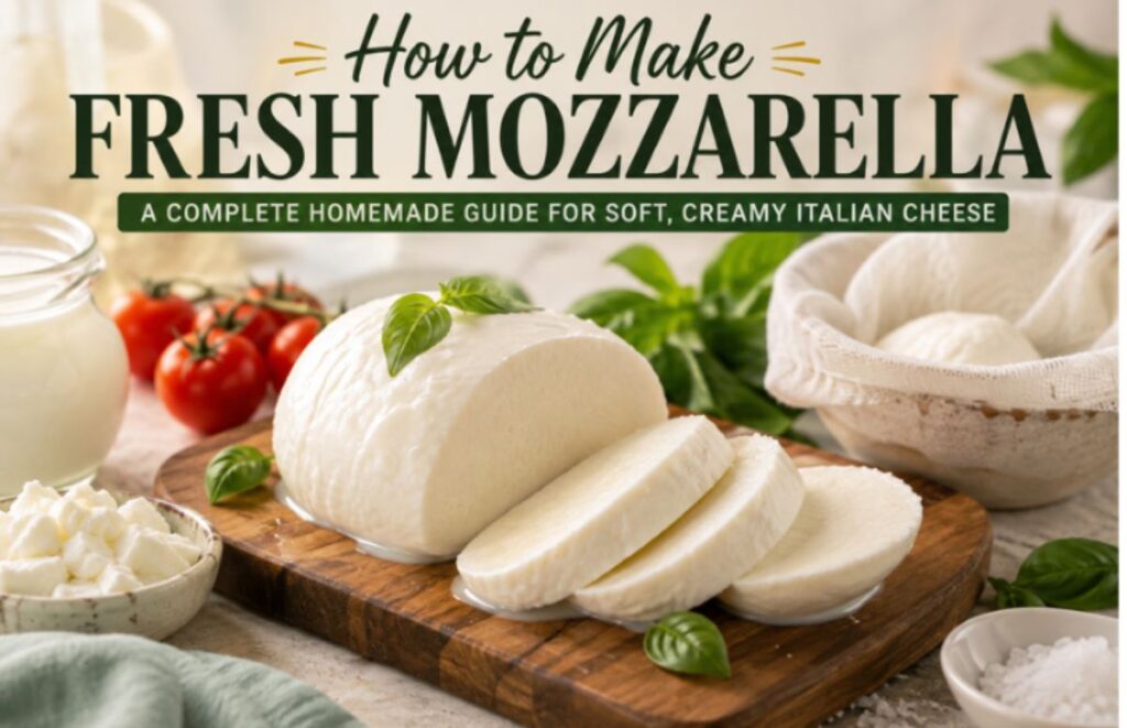 Fresh homemade mozzarella cheese on a wooden board with basil, tomatoes, olive oil, and milk for an easy fresh mozzarella recipe.