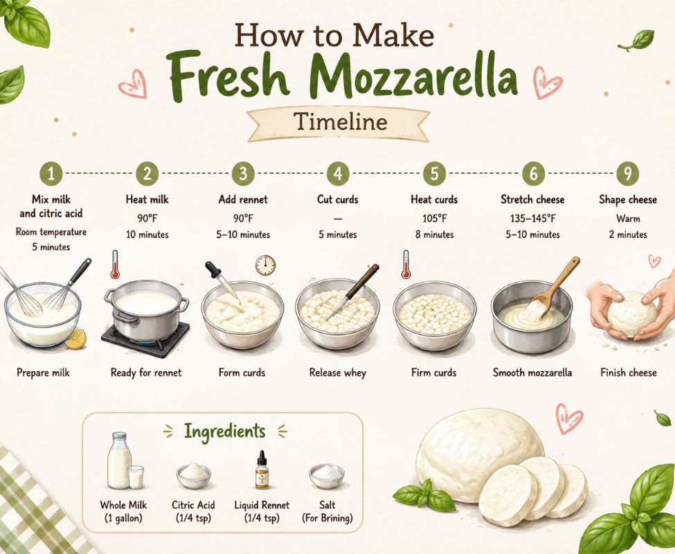 Fresh mozzarella recipe timeline infographic showing milk heating, curd formation, stretching process, shaping cheese, and labeled ingredients for homemade mozzarella.