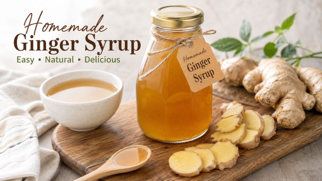 Homemade ginger syrup in a glass jar with fresh ginger slices on a wooden board