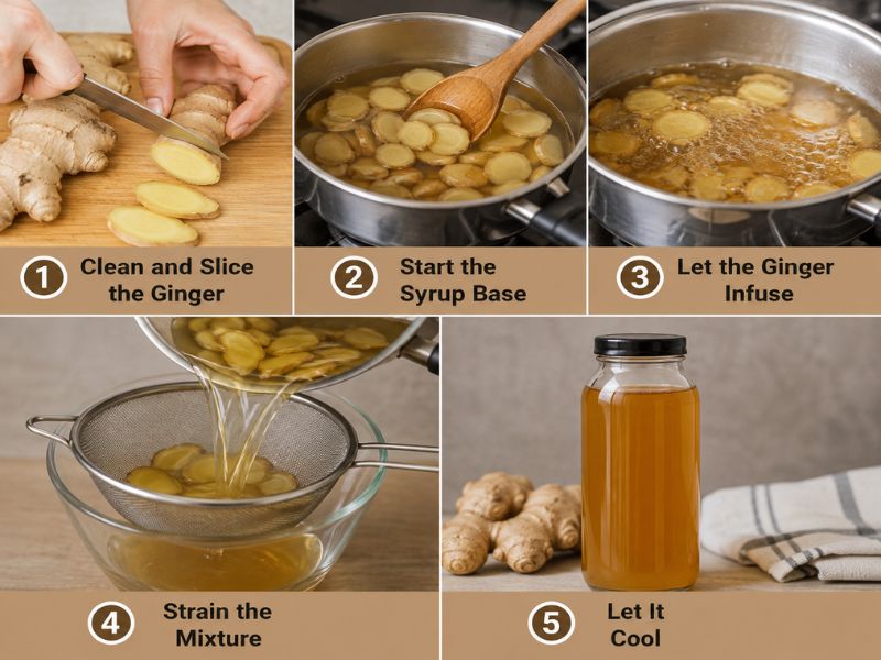 This recipe steps showing fresh ginger being sliced, simmered, infused, strained, and cooled in a bottle.