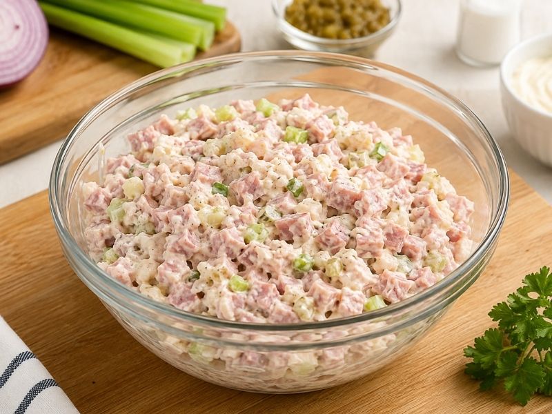 This recipe with creamy dressing, chopped ham, celery, onion, and pickle relish in a glass bowl.