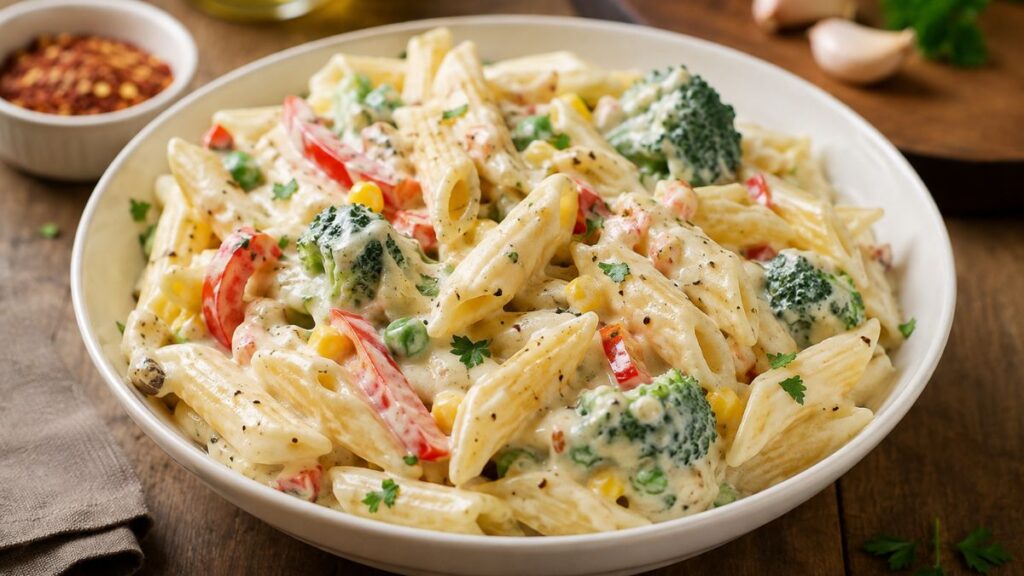 Creamy white sauce pasta with vegetables in a bowl