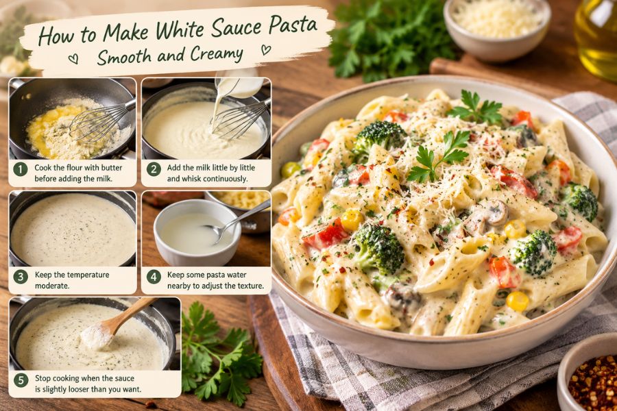 creamy white sauce pasta with vegetables