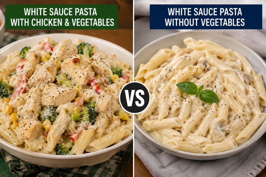 white sauce pasta with chicken and vegetables vs without vegetables.