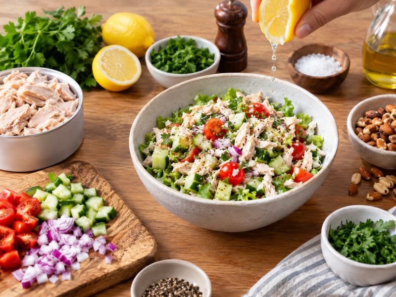 Fresh chicken salad with lemon, herbs, chopped vegetables, nuts, and seasonings arranged on a wooden kitchen table.