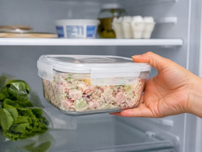  stored in a covered glass container inside a refrigerator.